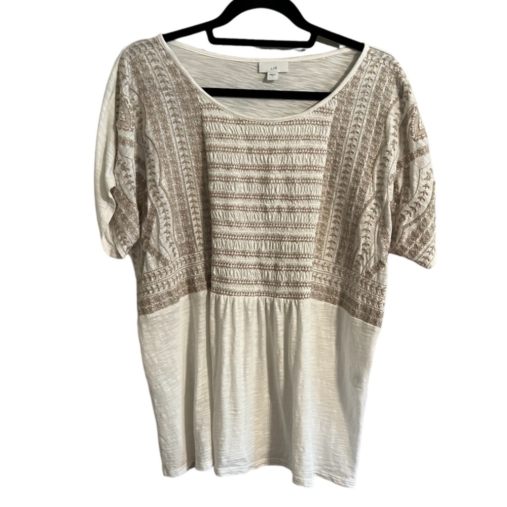 J. Jill Womens Top Embroidered Blouse Modal Blend Boho White Tan Size L Casual